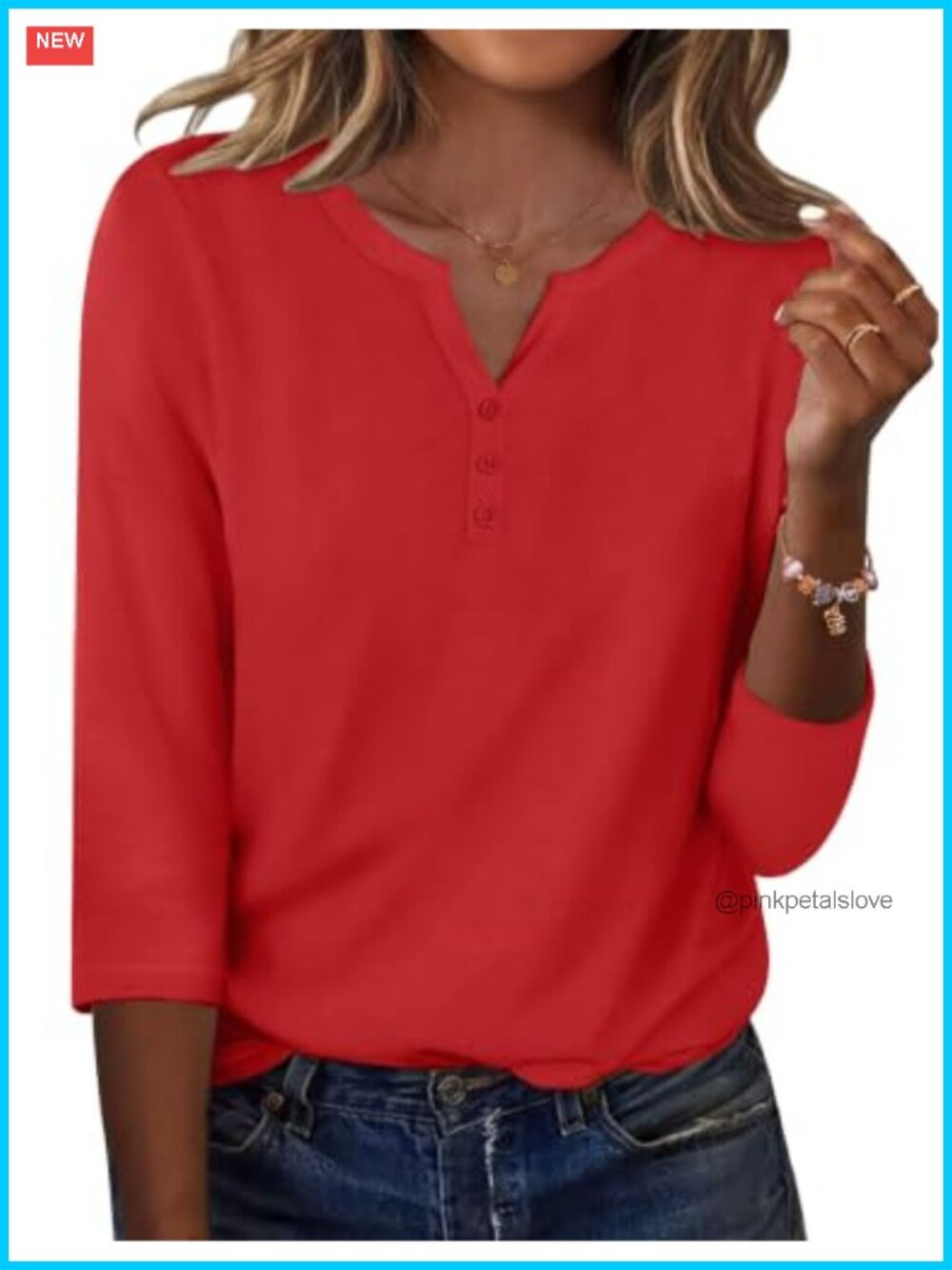 Womens 3/4 Sleeve Henley T-Shirt Casual Summer Top